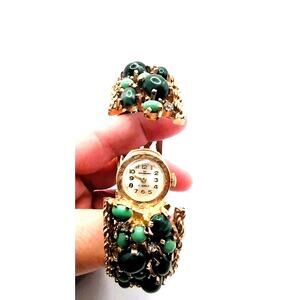 Vintage 60s watch Paul Portinoux Green Cabochon Encrusted Bracelet Wristwatch